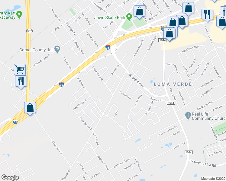 map of restaurants, bars, coffee shops, grocery stores, and more near 2761 Maple Tree Road in New Braunfels