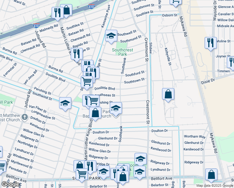 map of restaurants, bars, coffee shops, grocery stores, and more near 5838 Southseas Street in Houston