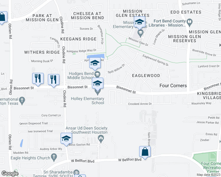 map of restaurants, bars, coffee shops, grocery stores, and more near 16342 Virginia Grace Drive in Sugar Land
