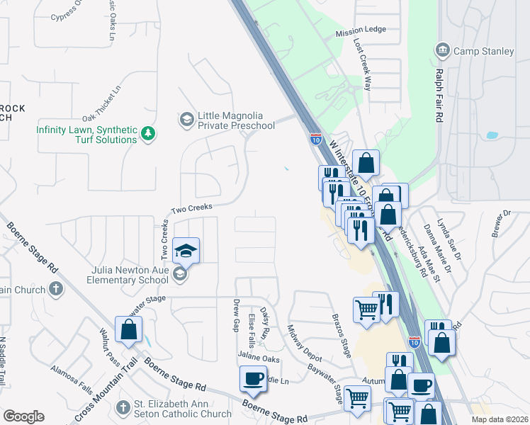 map of restaurants, bars, coffee shops, grocery stores, and more near 25214 Cooper Valley in San Antonio