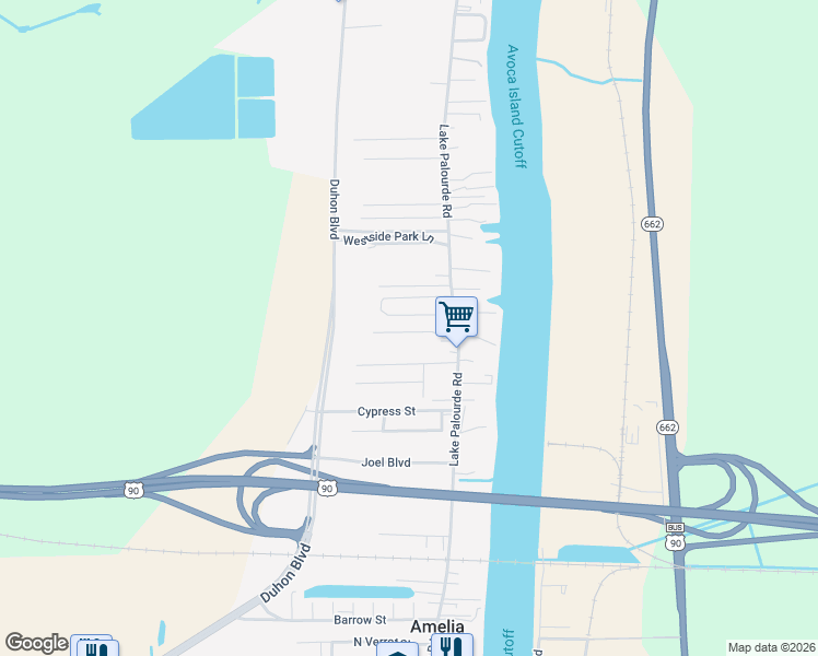 map of restaurants, bars, coffee shops, grocery stores, and more near 101-169 West Syls Lane in Morgan City