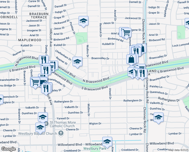 map of restaurants, bars, coffee shops, grocery stores, and more near 5550 North Braeswood Boulevard in Houston