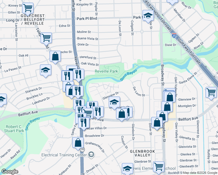 map of restaurants, bars, coffee shops, grocery stores, and more near 7627 Glenview Drive in Houston