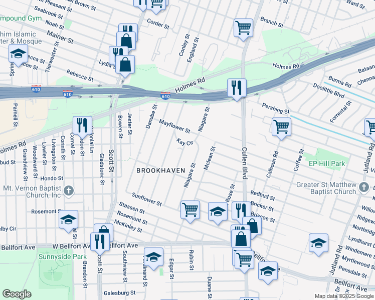 map of restaurants, bars, coffee shops, grocery stores, and more near 1119 Vera Lou Street in Houston