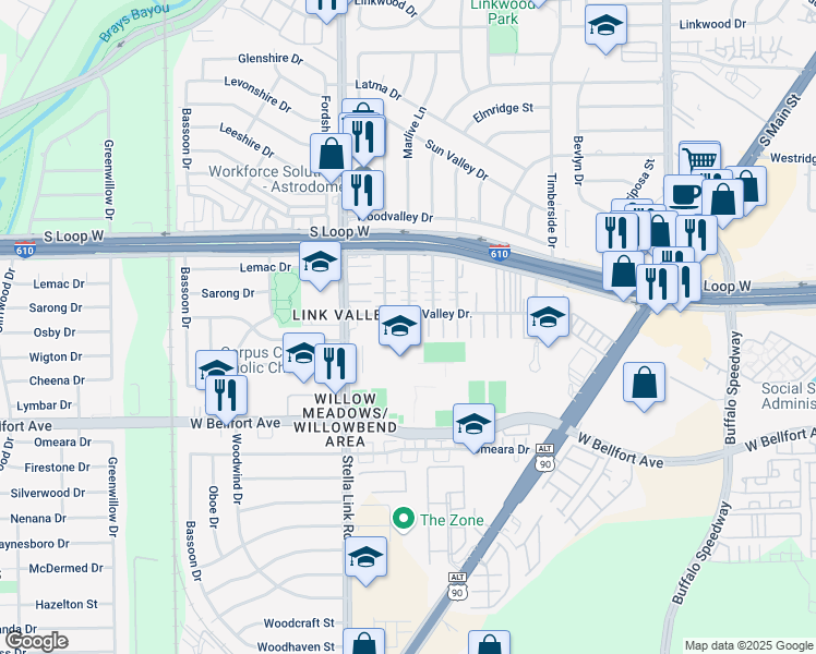 map of restaurants, bars, coffee shops, grocery stores, and more near 9826 Marlink in Houston
