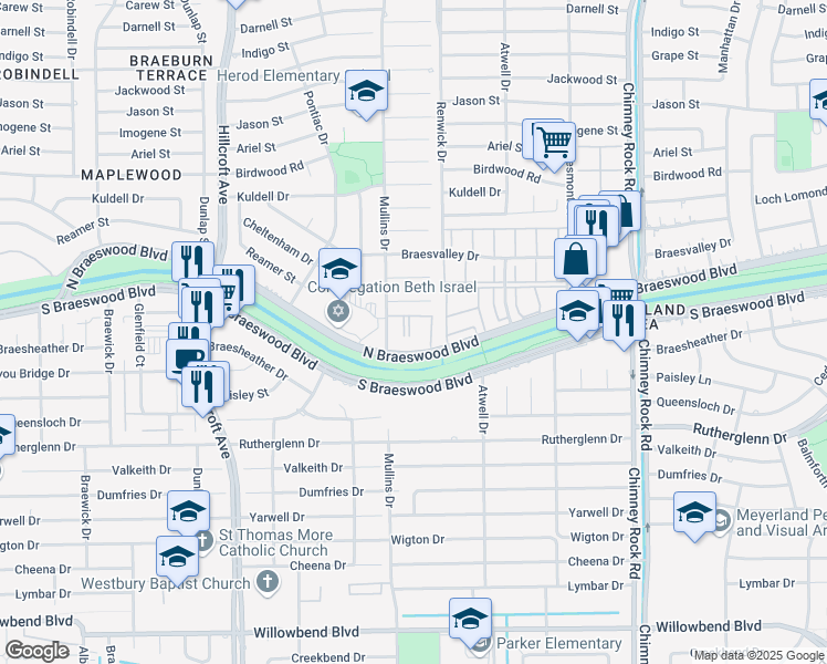 map of restaurants, bars, coffee shops, grocery stores, and more near 5550 North Braeswood Boulevard in Houston