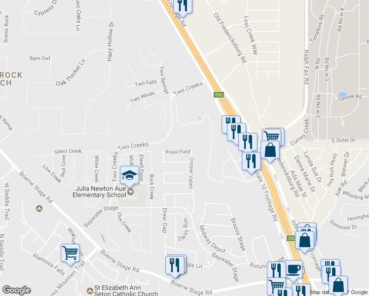 map of restaurants, bars, coffee shops, grocery stores, and more near 25214 Cooper Valley in San Antonio