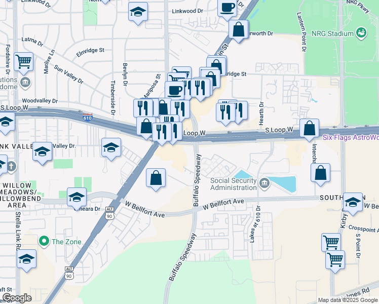 map of restaurants, bars, coffee shops, grocery stores, and more near 3003 South Loop West in Houston