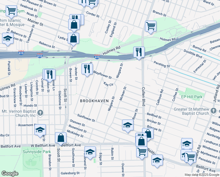 map of restaurants, bars, coffee shops, grocery stores, and more near 1119 Vera Lou Street in Houston