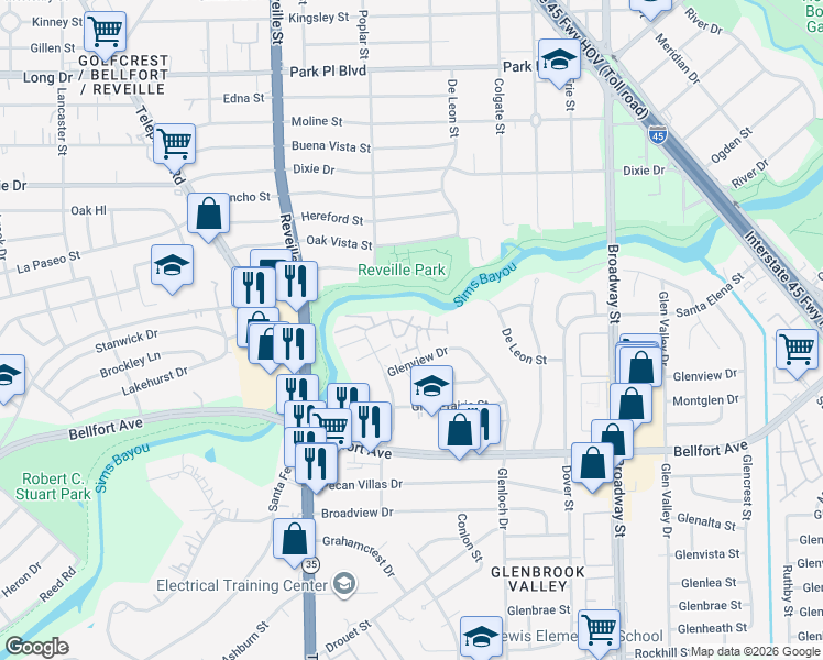 map of restaurants, bars, coffee shops, grocery stores, and more near 7627 Glenview Drive in Houston
