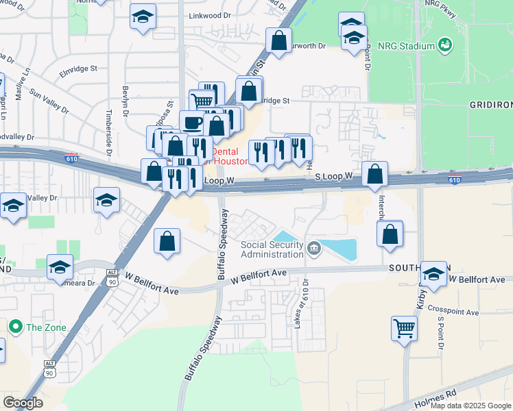 map of restaurants, bars, coffee shops, grocery stores, and more near 2901 South Loop West in Houston