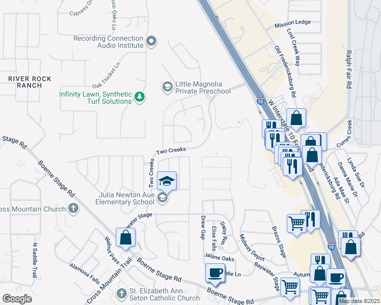 map of restaurants, bars, coffee shops, grocery stores, and more near 24760 Buck Creek in San Antonio