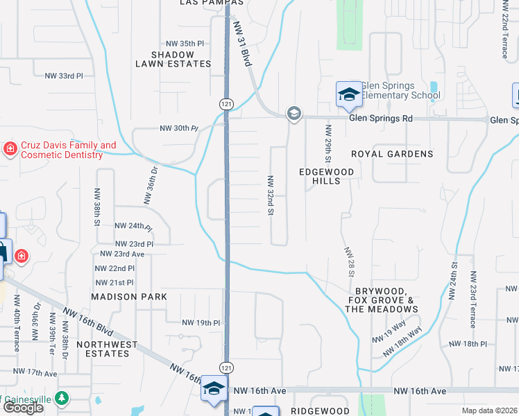 map of restaurants, bars, coffee shops, grocery stores, and more near 3301 Northwest 26th Avenue in Gainesville