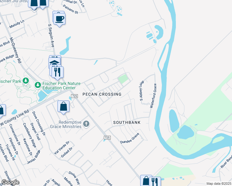 map of restaurants, bars, coffee shops, grocery stores, and more near 466 Pecan Meadows in New Braunfels