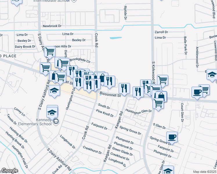map of restaurants, bars, coffee shops, grocery stores, and more near 9505 Coventry Square Drive in Houston