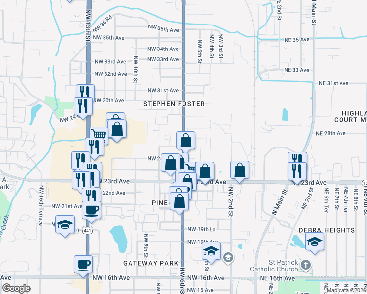 map of restaurants, bars, coffee shops, grocery stores, and more near Northwest 6th Street in Gainesville