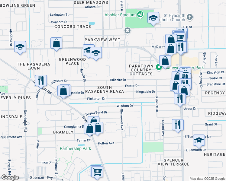 map of restaurants, bars, coffee shops, grocery stores, and more near 2310 Kingsdale Drive in Deer Park