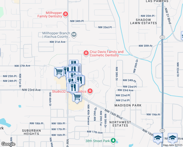 map of restaurants, bars, coffee shops, grocery stores, and more near 3962 Northwest 25th Circle in Gainesville