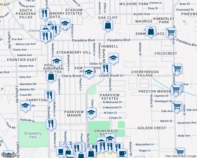 map of restaurants, bars, coffee shops, grocery stores, and more near 2424 Burke Road in Pasadena