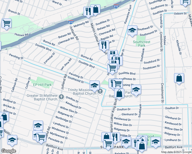map of restaurants, bars, coffee shops, grocery stores, and more near 7350 Remegan Road in Houston
