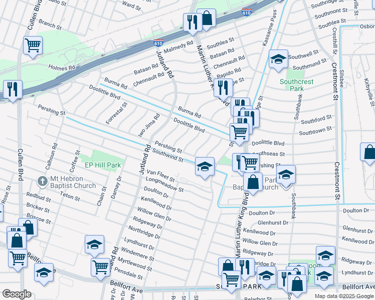 map of restaurants, bars, coffee shops, grocery stores, and more near 5314 Pershing Street in Houston