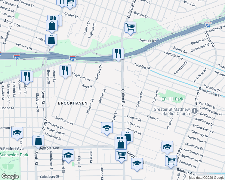 map of restaurants, bars, coffee shops, grocery stores, and more near 4514 Edfield Street in Houston