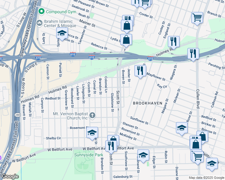 map of restaurants, bars, coffee shops, grocery stores, and more near 7925 Colonial Lane in Houston