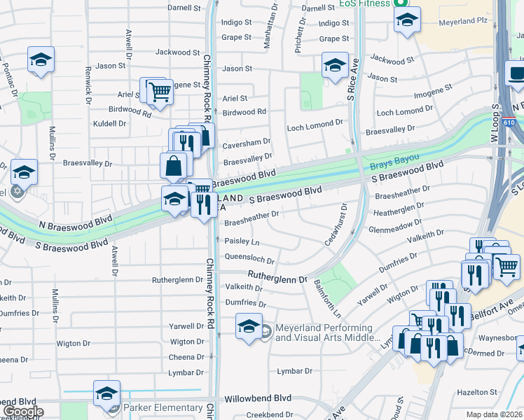 map of restaurants, bars, coffee shops, grocery stores, and more near 5303 Braesheather Drive in Houston