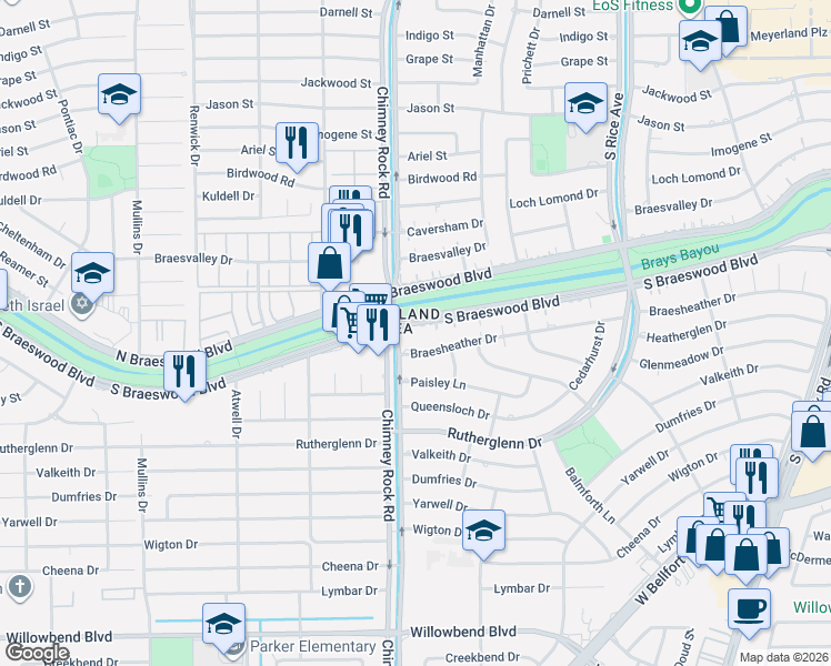 map of restaurants, bars, coffee shops, grocery stores, and more near 5330 Braesheather Drive in Houston