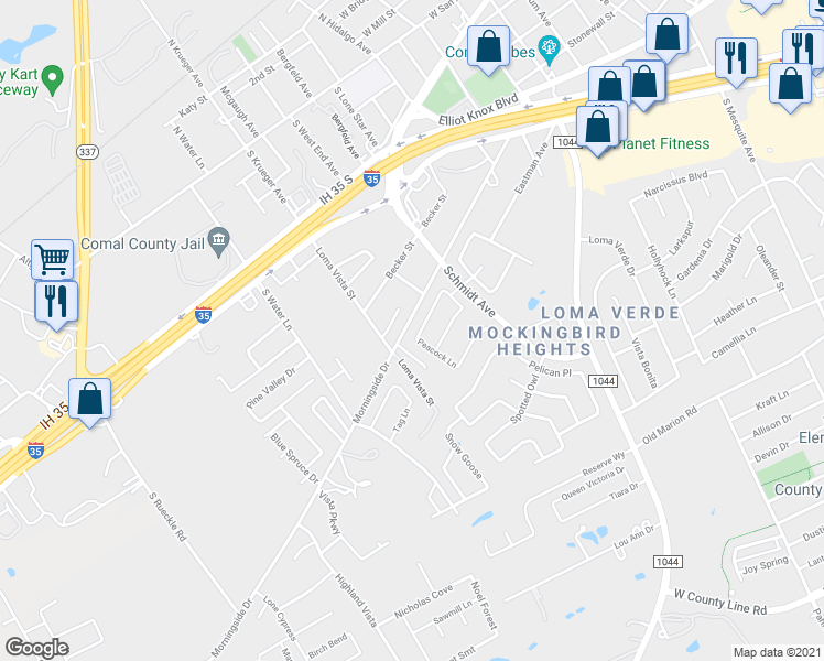 map of restaurants, bars, coffee shops, grocery stores, and more near 2752 Scarlet Tanger in New Braunfels
