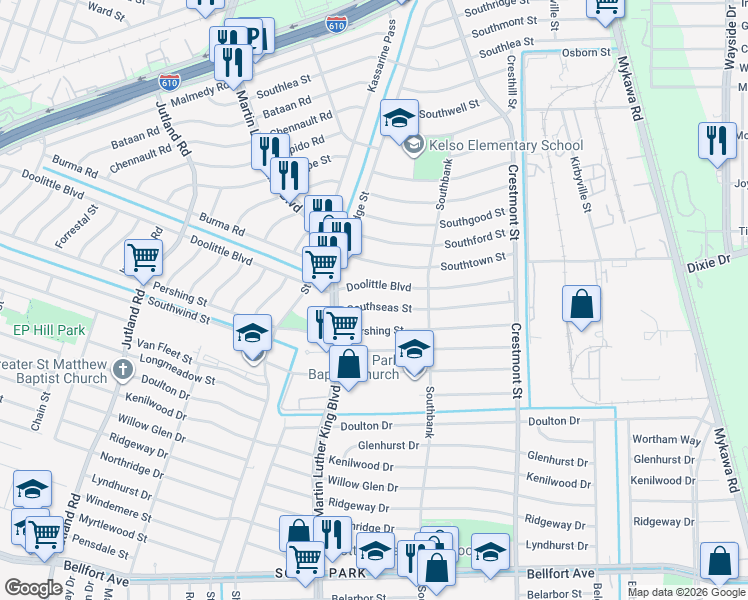map of restaurants, bars, coffee shops, grocery stores, and more near 5714 Southseas Street in Houston