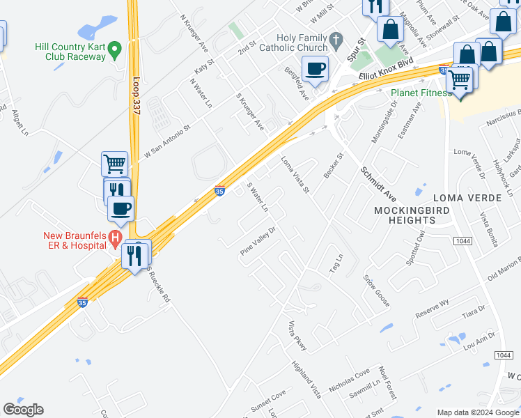 map of restaurants, bars, coffee shops, grocery stores, and more near 3011 Lodgepole Lane in New Braunfels