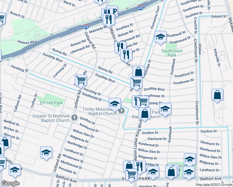 map of restaurants, bars, coffee shops, grocery stores, and more near 7350 Remegan Road in Houston