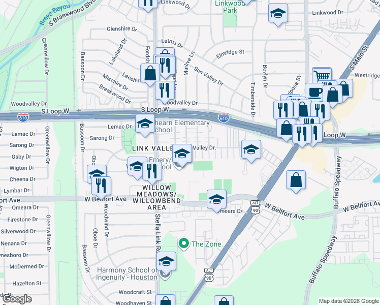 map of restaurants, bars, coffee shops, grocery stores, and more near 9826 Marlink in Houston