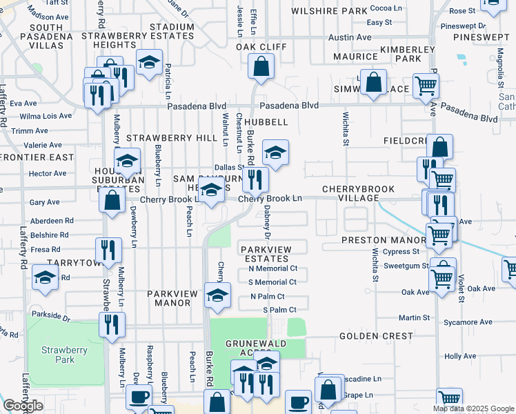 map of restaurants, bars, coffee shops, grocery stores, and more near 2323 Burke Road in Pasadena