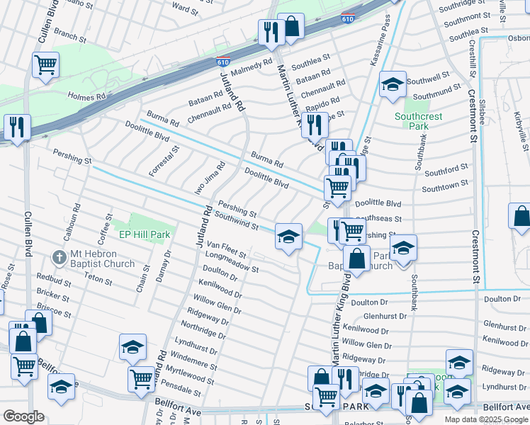 map of restaurants, bars, coffee shops, grocery stores, and more near 5314 Pershing Street in Houston