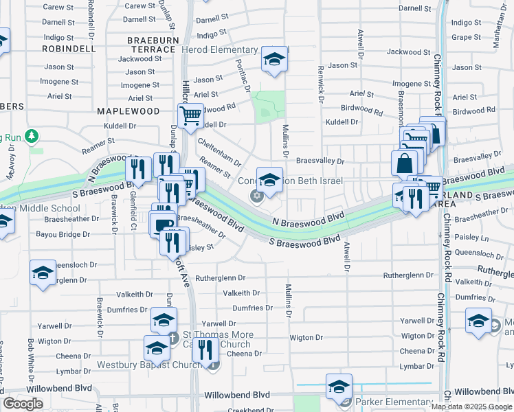 map of restaurants, bars, coffee shops, grocery stores, and more near 5600 North Braeswood Boulevard in Houston