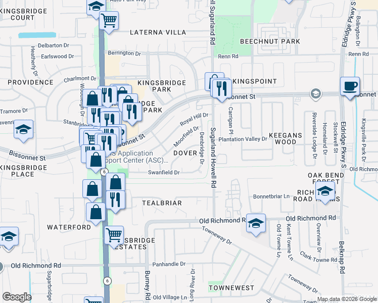 map of restaurants, bars, coffee shops, grocery stores, and more near 9510 Denbridge Drive in Houston