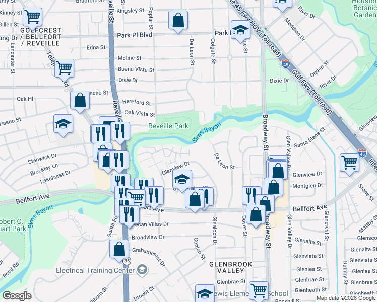 map of restaurants, bars, coffee shops, grocery stores, and more near 7627 Glenview Drive in Houston