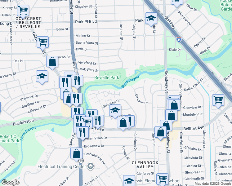 map of restaurants, bars, coffee shops, grocery stores, and more near 7627 Glenview Drive in Houston