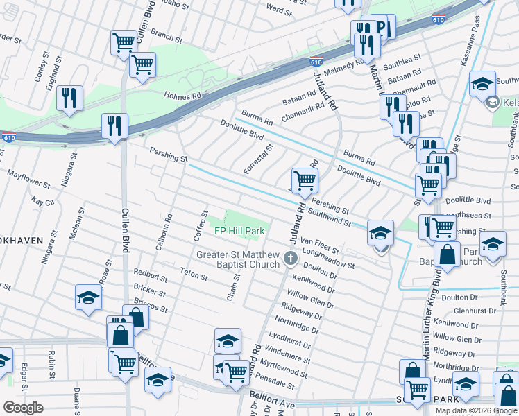 map of restaurants, bars, coffee shops, grocery stores, and more near 5036 Van Fleet Street in Houston