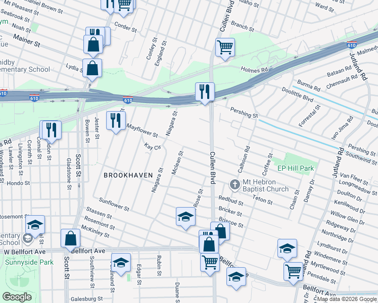 map of restaurants, bars, coffee shops, grocery stores, and more near 4514 Edfield Street in Houston