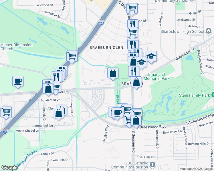map of restaurants, bars, coffee shops, grocery stores, and more near 8809 Bissonnet Street in Houston