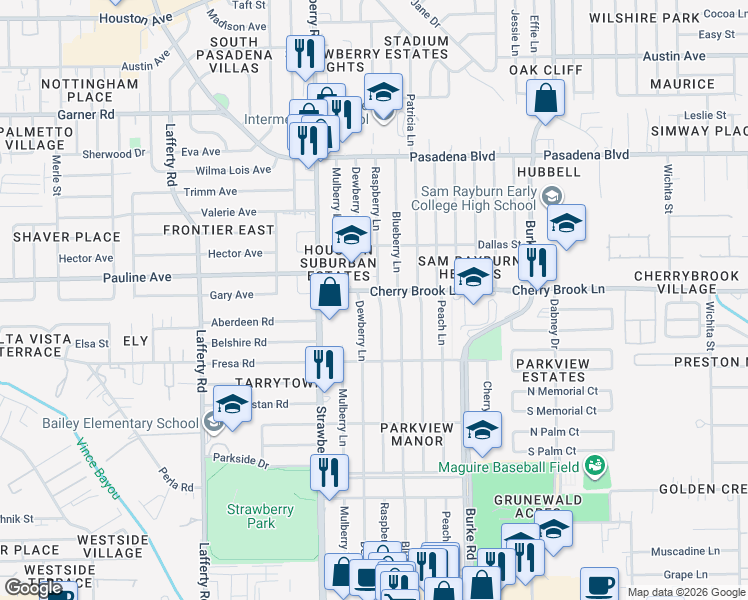 map of restaurants, bars, coffee shops, grocery stores, and more near 2405 Raspberry Lane in Pasadena