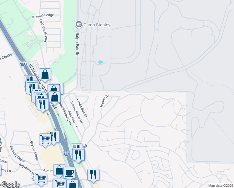 map of restaurants, bars, coffee shops, grocery stores, and more near 25230 Pat Parkway in San Antonio