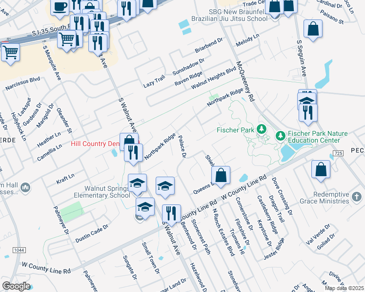 map of restaurants, bars, coffee shops, grocery stores, and more near 1854 Palace Drive in New Braunfels