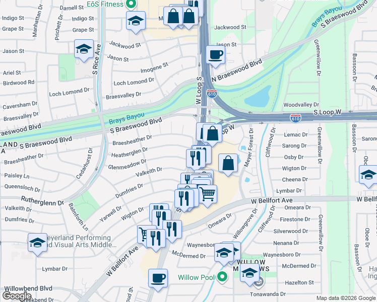 map of restaurants, bars, coffee shops, grocery stores, and more near 4903 Braesheather Drive in Houston