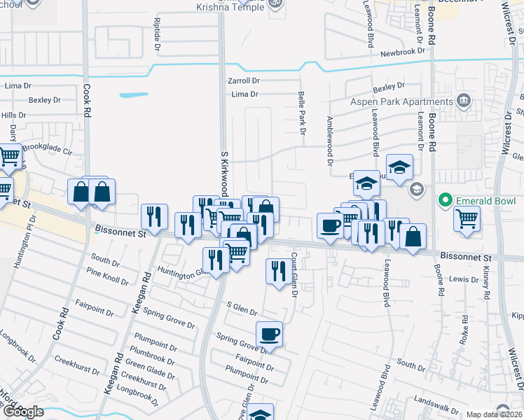 map of restaurants, bars, coffee shops, grocery stores, and more near 9300 Ketchwood Drive in Houston