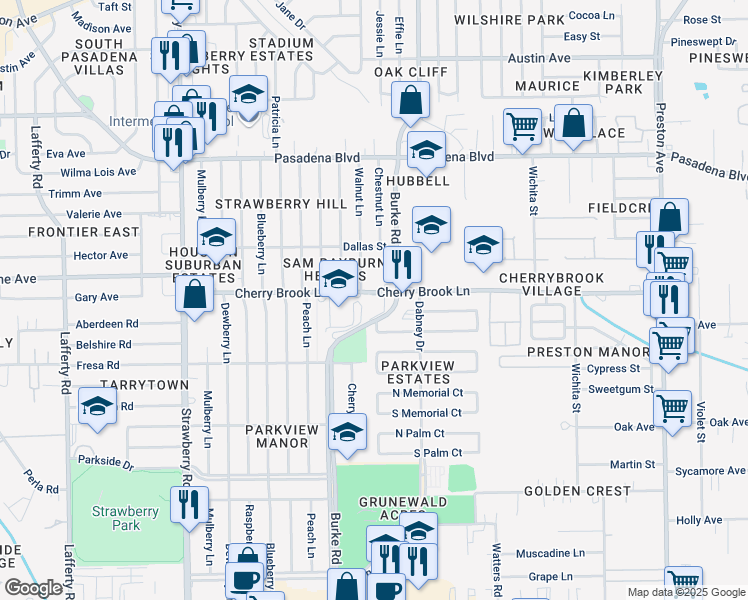 map of restaurants, bars, coffee shops, grocery stores, and more near 2402 Burke Road in Pasadena