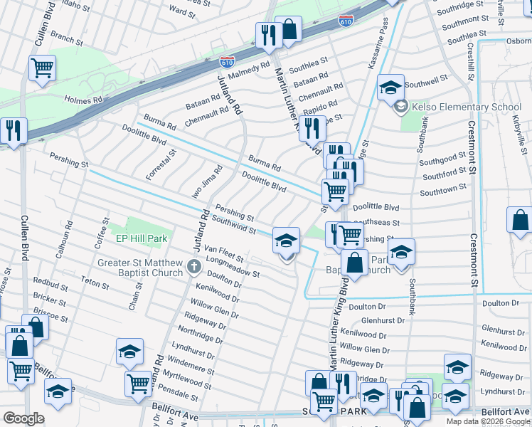 map of restaurants, bars, coffee shops, grocery stores, and more near 7323 Le Havre Road in Houston